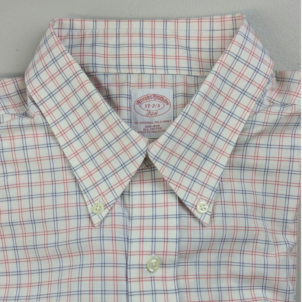 Vtg Brooks Brothers Dress Shirt Original Polo White Plaid Preppy Office 17-2/3